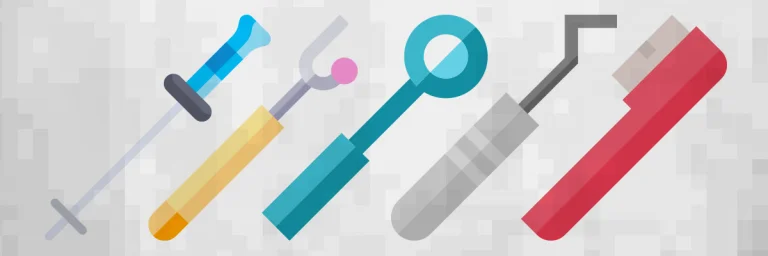 Fünf Zahnarzt-Tools in digitaler Darstellung.
