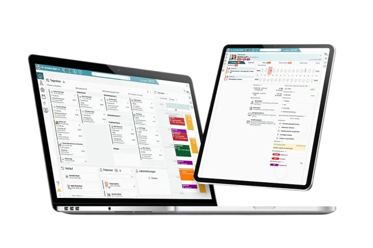 iPad und Laptop zeigen die Praxissoftware DS4 für digitale Abläufe in der Zahnarztpraxis