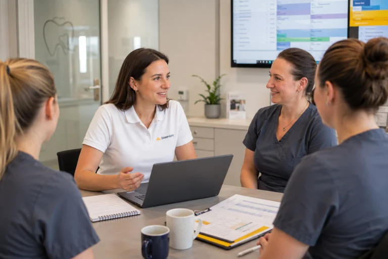 Customer-Success-Mitarbeiterin im Gespräch mit einem Praxisteam.