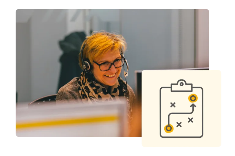 Das Bild zeigt eine Dampsoft-Mitarbeiterin von vorne mit einem Icon zum Thema Onboarding.