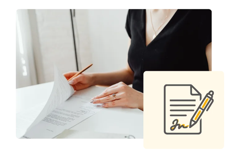 Unterschrift auf Vertrag mit Stift durch Frauenhand
