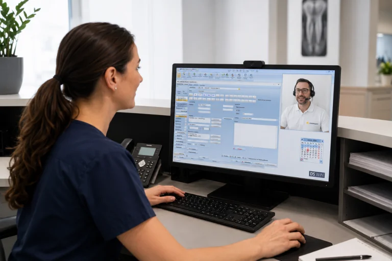 Zahnärztin erhält Remote-Support durch Dampsoft-Mitarbeiter in Zahnarztpraxis mit DS-Win Software auf dem BildschirmZahnärztin erhält Remote-Support durch Dampsoft-Mitarbeiter in moderner Zahnarztpraxis am Empfangsarbeitsplatz mit dem DS-Win auf dem Bildschirm.