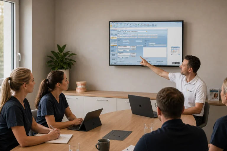 Dampsoft-Mitarbeiter erklärt einem Praxisteam in einer modernen Zahnarztpraxis die Nutzung der DS-Win-Software auf einem Bildschirm während einer Schulung.