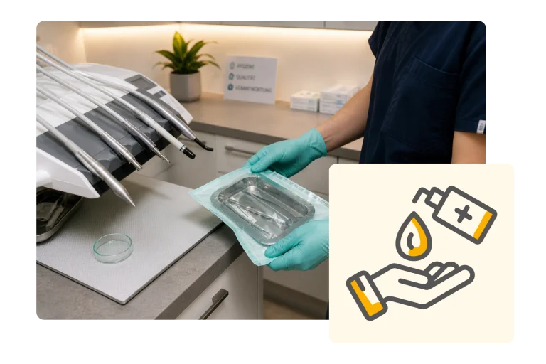 Mitarbeiter mit Handschuhen bereitet steril verpackte Instrumente vor, Fokus auf Hygienemanagement