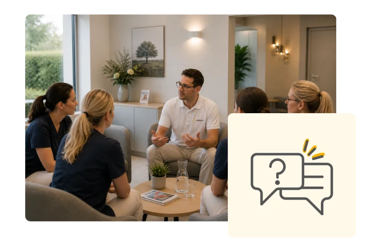 Zahnarztpraxis Team im Gespräch mit Dampsoft Mitarbeiter – individuelle Vor-Ort-Schulung und Beratung für effiziente Praxisabläufe