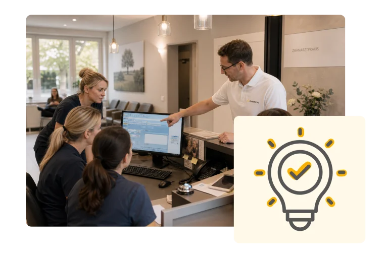 DS-Win Praxisschulung am Empfang einer Zahnarztpraxis mit Team und digitaler Praxisorganisation am Bildschirm