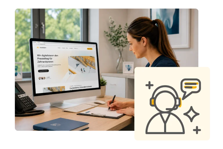 Mitarbeiterin in moderner Zahnarztpraxis nutzt die Dampsoft-Webseite am Computer