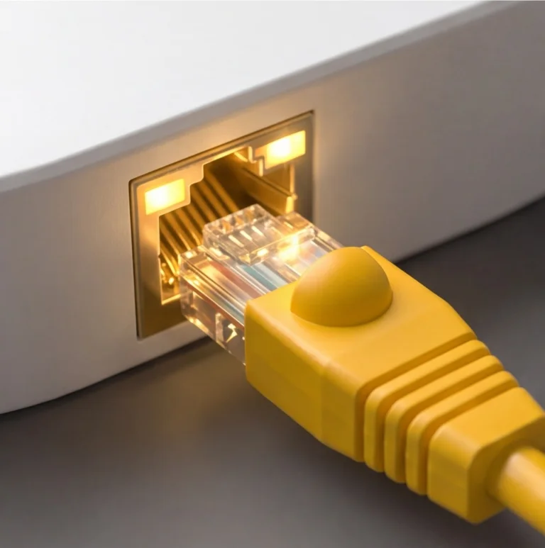 Netzwerkstecker vor dem Anschluss steht für die Einrichtung einer Verbindung zu e-connect.