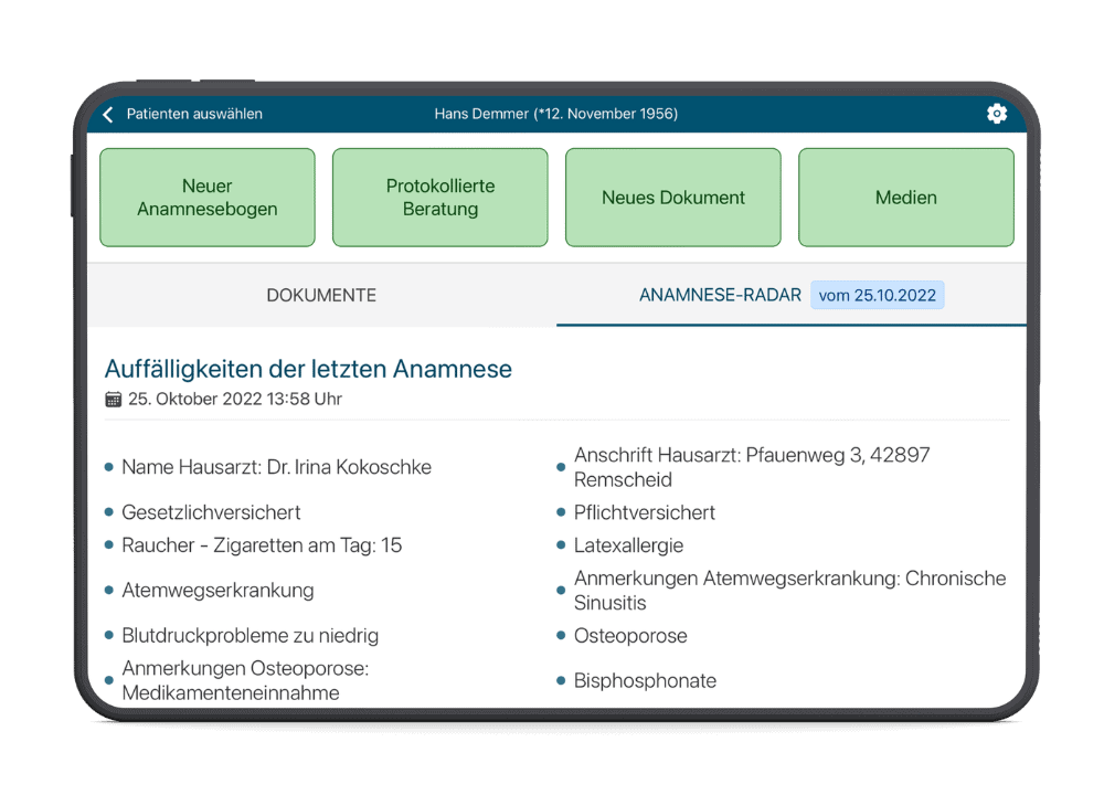 Athena Anamnese Radar zeigt Risikofaktoren