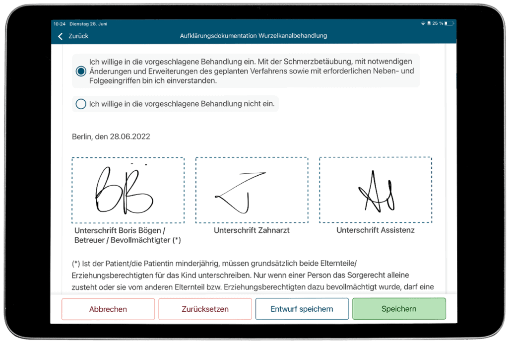 Digitale Anamnese und Aufklärung mit der Athena-App, Aufklärungsbögen für Zahnarztpraxen.