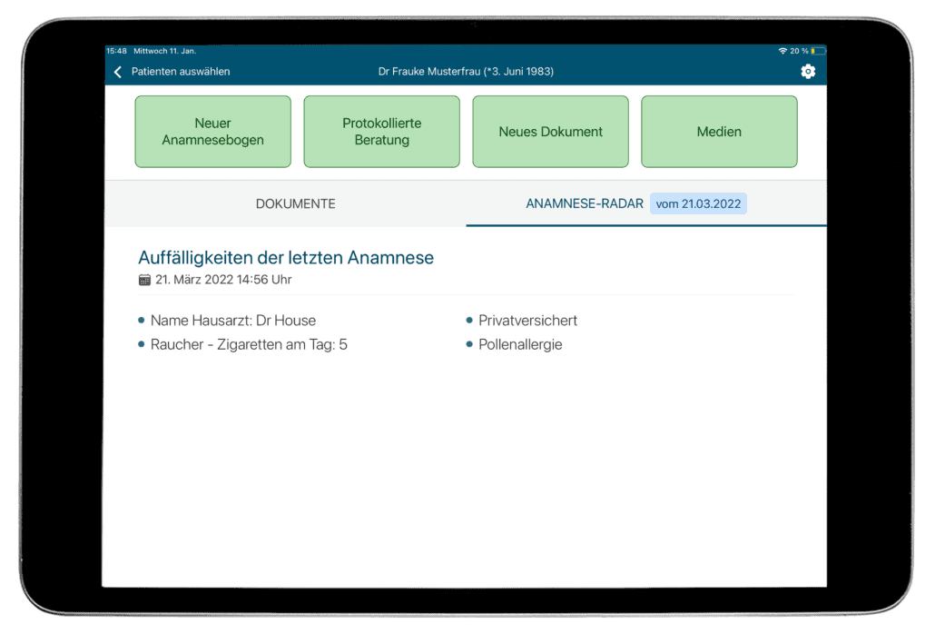 Athena-App Anamnese-Radar. Digitale Anamnese und Aufklärung mit der Athena-App.