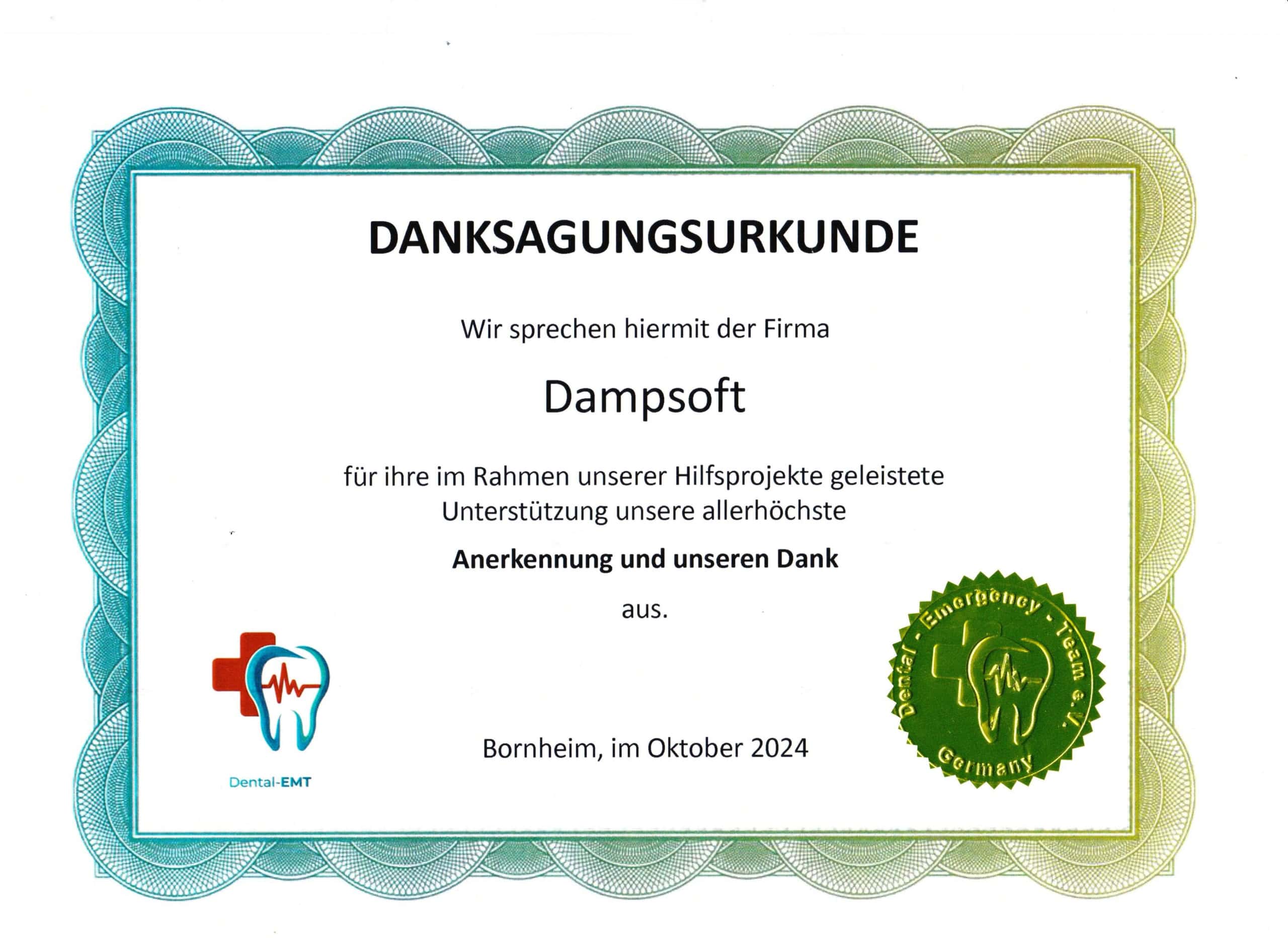 Urkunde Dampsoft Dental Emergency Team.