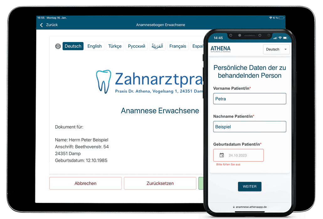Athena Smartphone Anamnese und Anamnese auf dem iPad